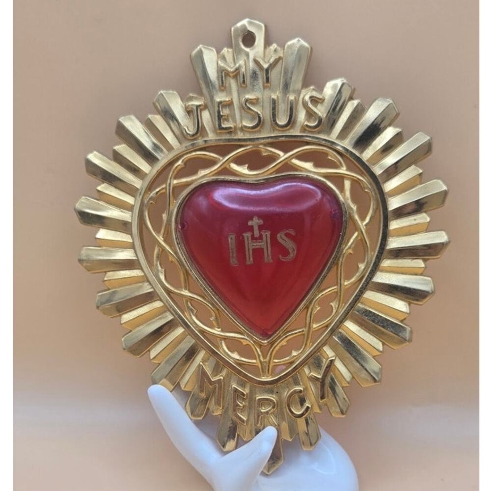 My Jesus Mercy IHS Plague Gold Plated Red Sacred